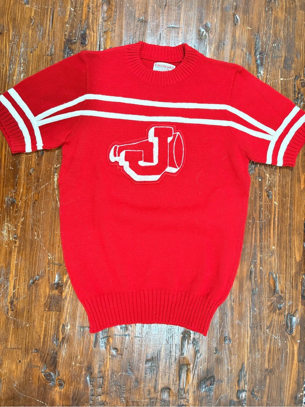 Vintage cheerleader Red Short-Sleeve Crewneck Sweater with White Stripes 70’s